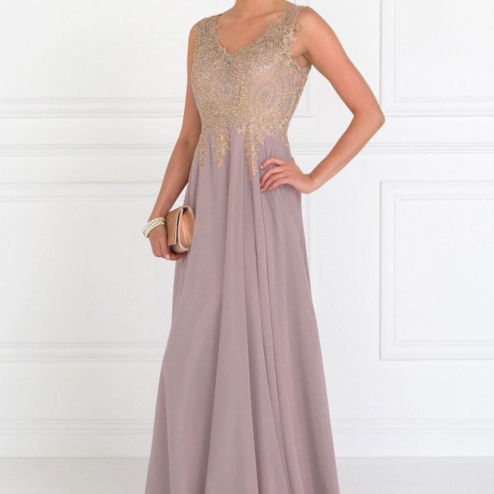 NEW MAUVE COLOR V-Neck Embroidered Chiffon Long Dress GSGL2311